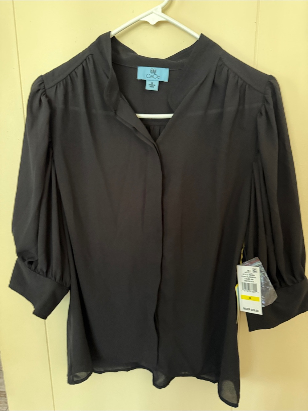 CeCe Black Semi-Sheer V-Neck Button-Front Blouse